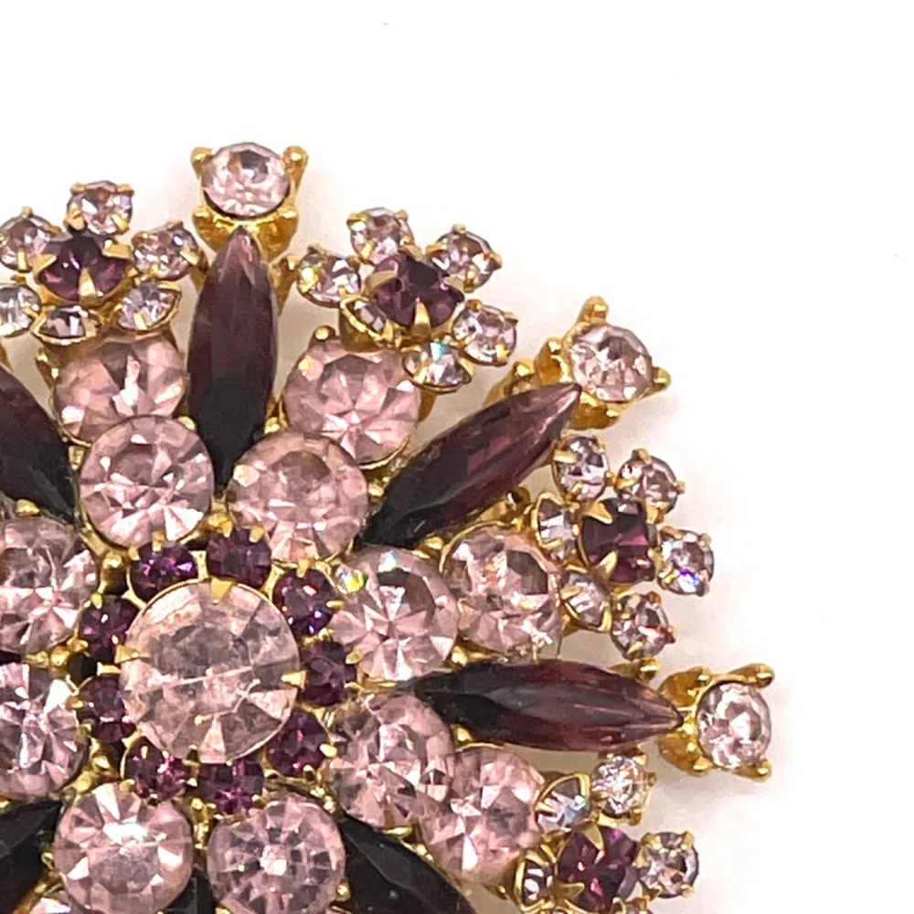 Vintage Pale Pink Deep Purple Rhinestone Sunburst Pin Brooch